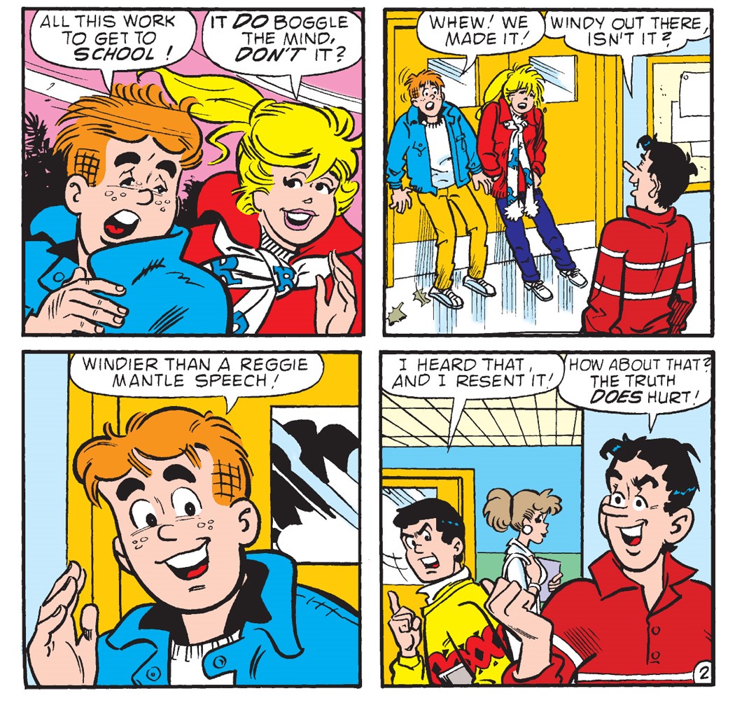 Panels from and Archie Comics story. Betty and Archie have just run in to Riverdale High from a wind storm, their hair and clothes all messed up.