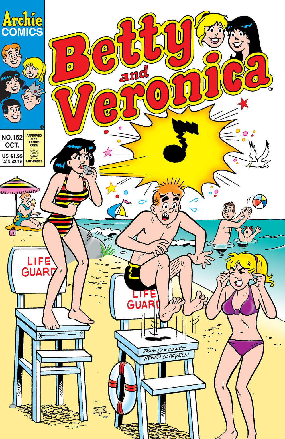 On a beach, Betty and Archie are flirting, so Veronica blows her lifeguard whistly really loudly to interrupt them.