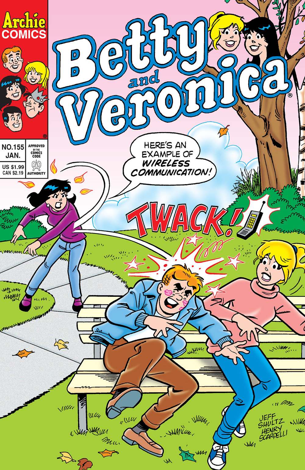 Betty sits with Archie on a park bench. Veronica, angry in the background, throws a cell phone at his head, saying it's an example of wireless communication.