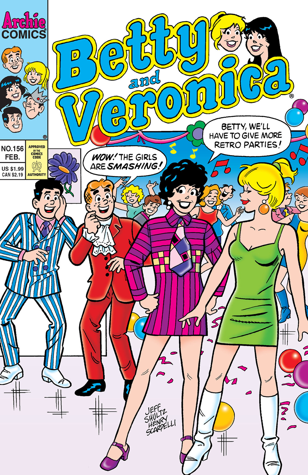 Betty, Veronica, Archie, and Reggie are in various costumes from different time periods at a retro party. 