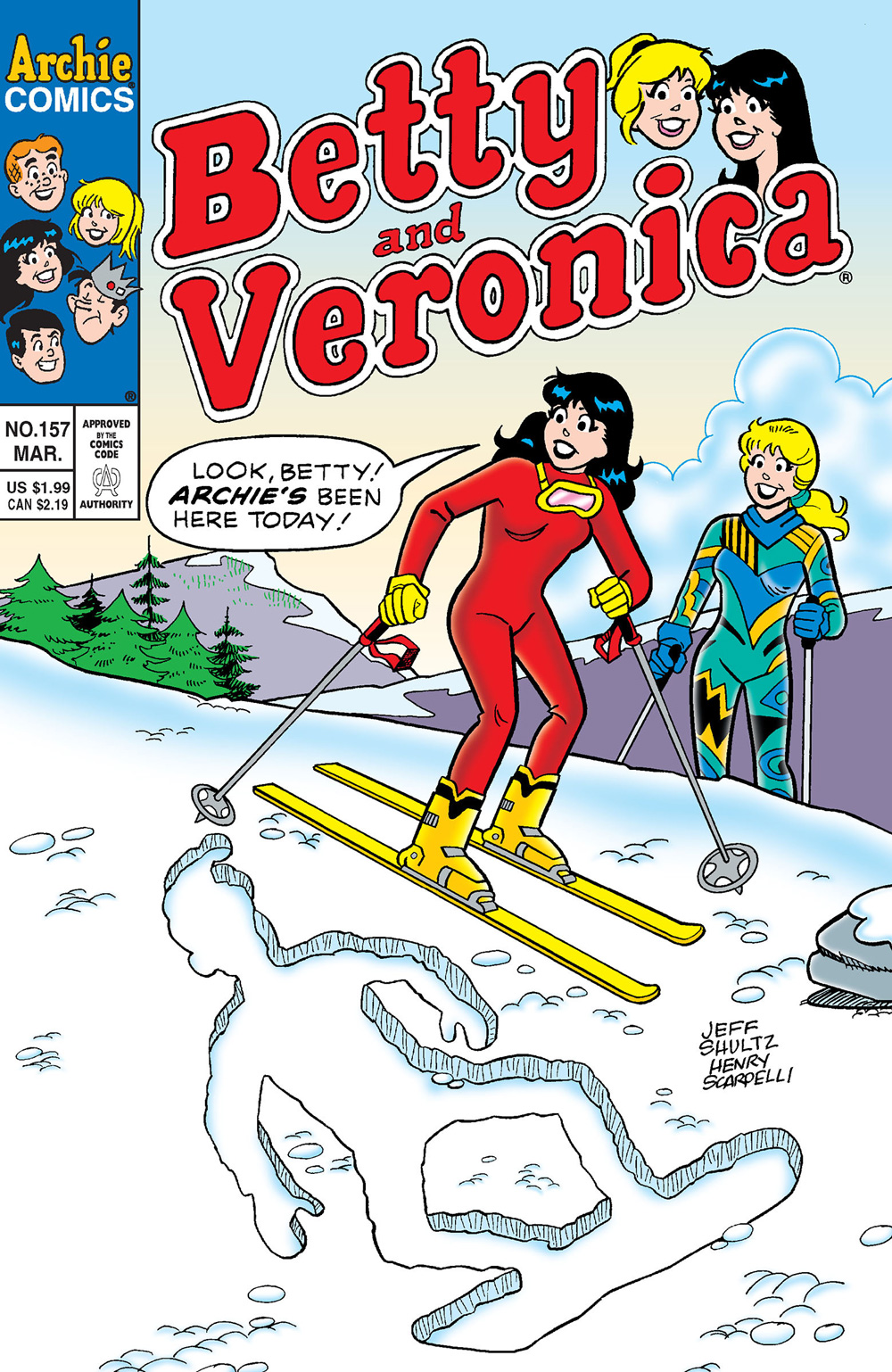 Betty and Veronica are skiing and they see the imprint of a human body in the snow. Veronica says it means Archie has been here today.