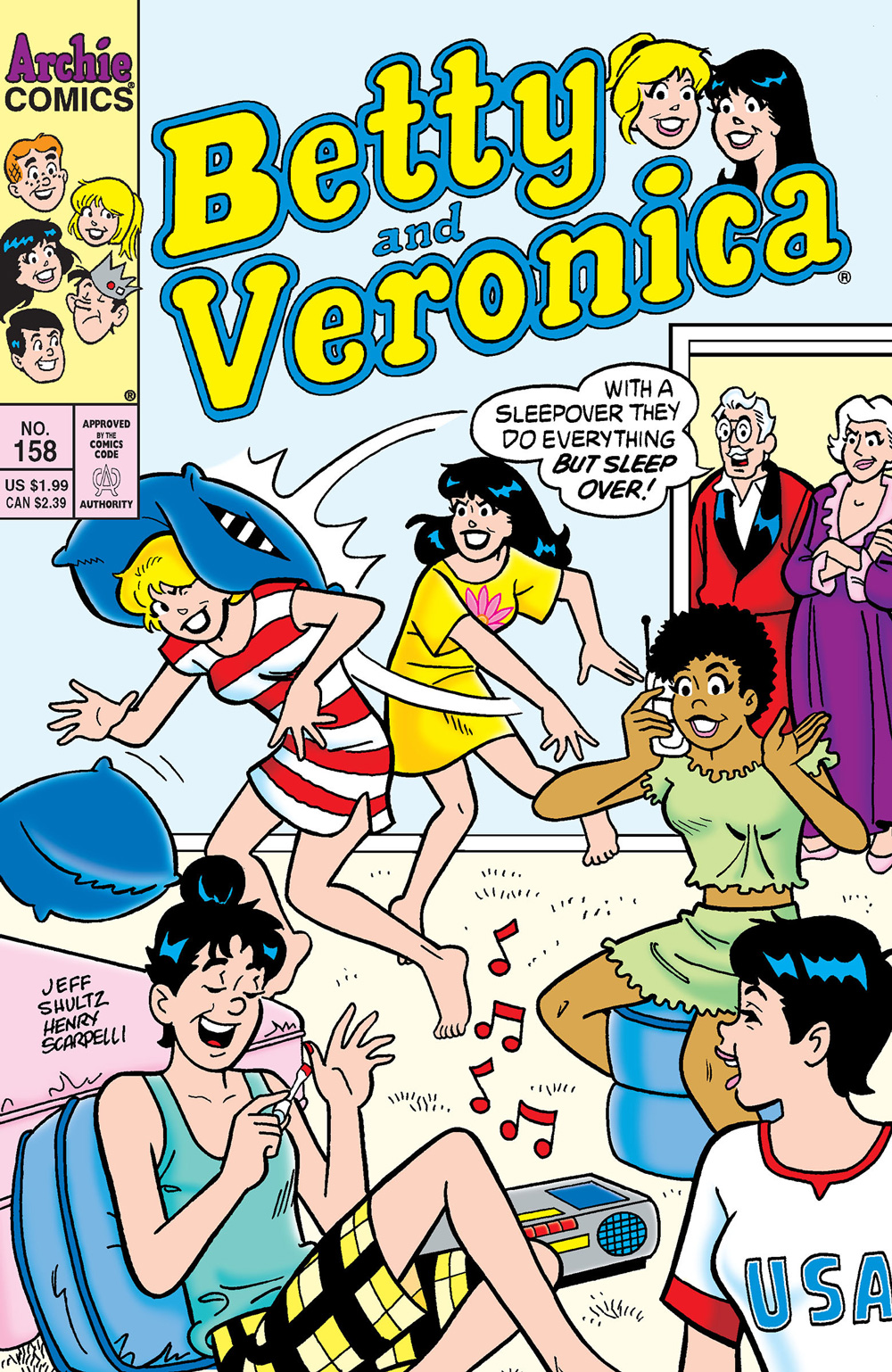 Betty, Veronica, Midge, and Nancy are at a sleepover party, talking on the phone, listening to music, doing manicures, and having a pillow fight. Veronica's parents look on with scowls on their faces, and her dad says they are doing everything but sleeping.