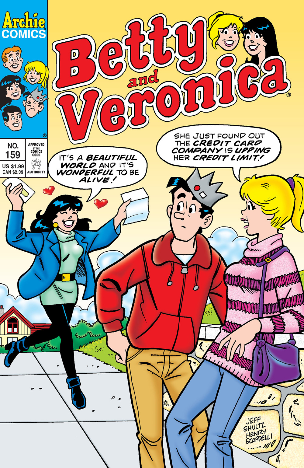 Veronica runs up to Betty and Jughead saying it's a beautiful world and it's wonderful to be alive, holding a letter she just got in the mail. Betty says she just found out her credit card limit was increased.