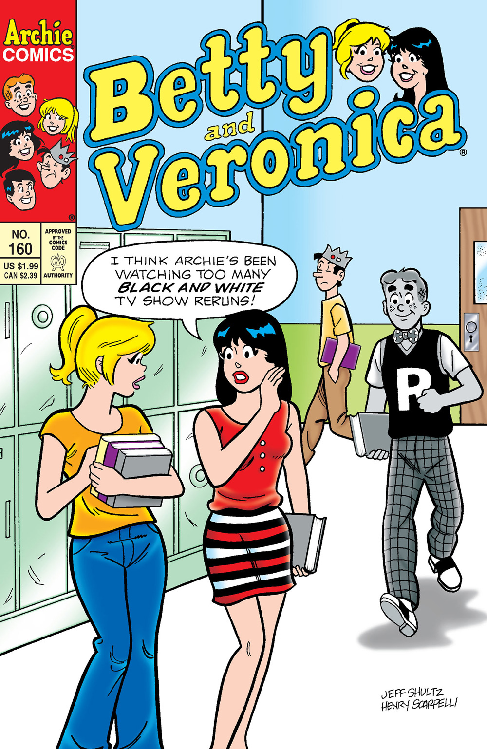 Veronica and Betty talk in the hallway of Riverdale High School, while Archie walks up to them. They're in full-color but he is in black and white. Veronica says he's been watching too many black and white TV reruns.