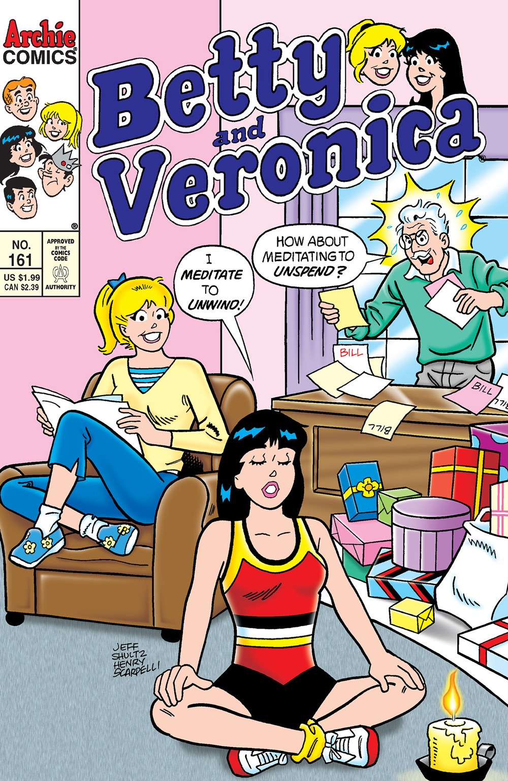 Veronica is meditating with Betty looking on smiling. Mr. Lodge is behind them opening bills, angry. Veronica says she meditates to unwind and he says she should mediate to unspend.