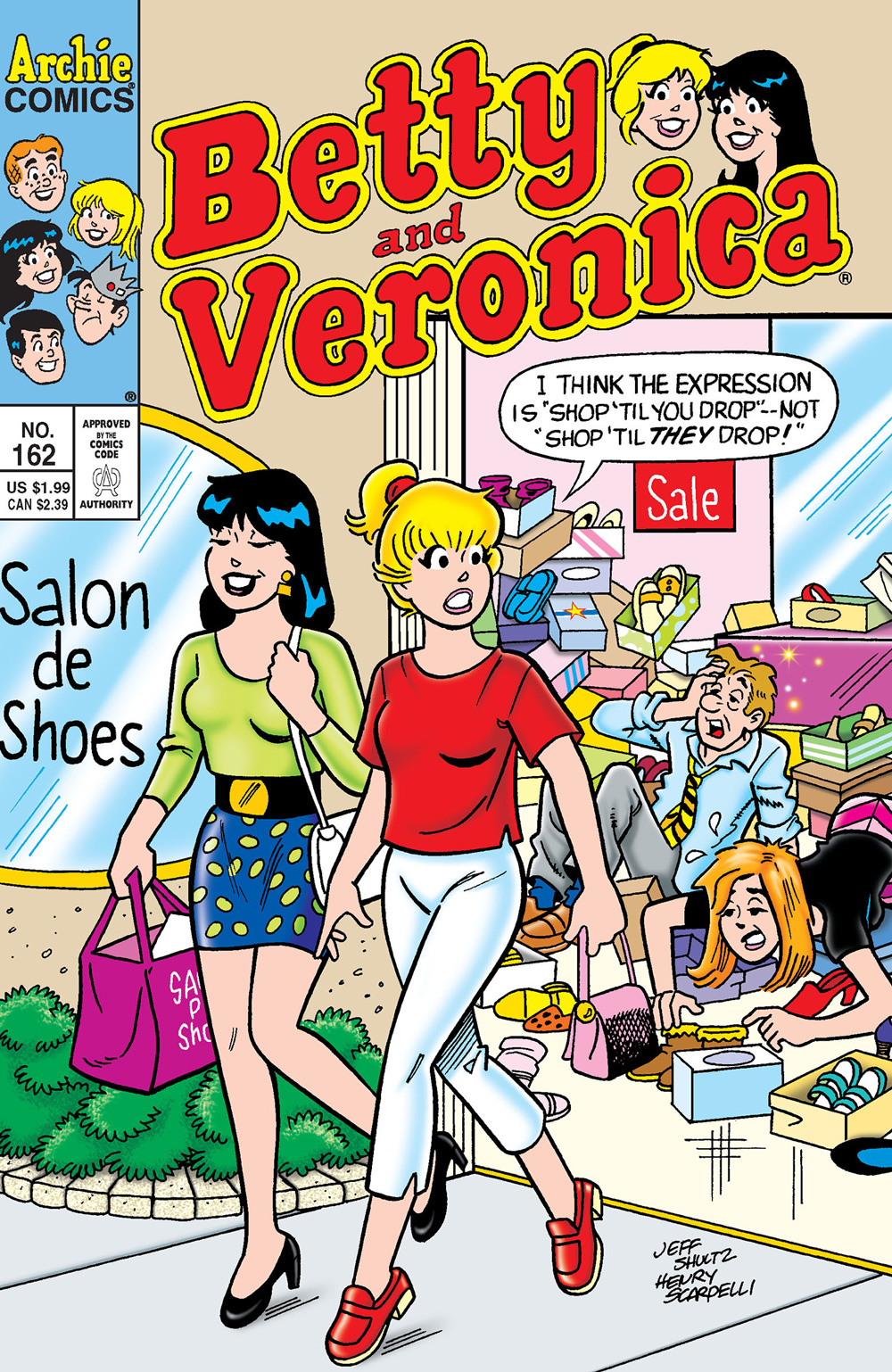 Betty and Veronica leave a shoe store with exhausted shopkeepers laying on the floor in a mess of boxes behind them. Betty says they shopped until they dropped.