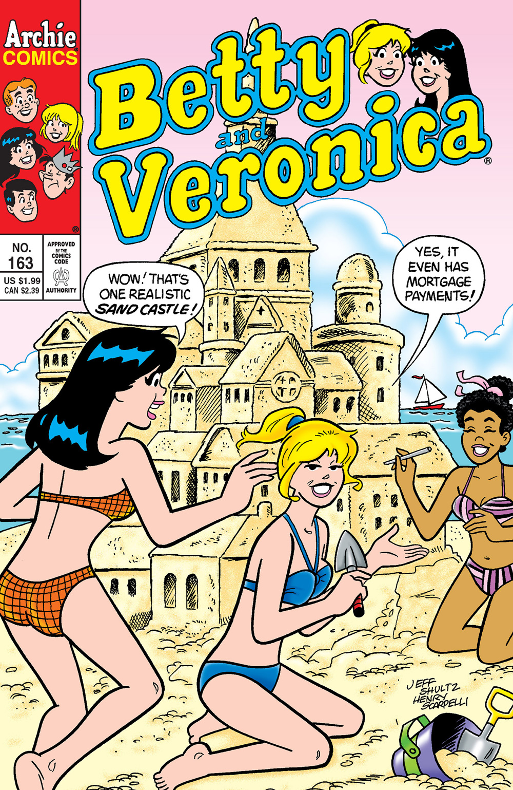 Betty, Veronica, and Nancy build a huge sandcastle on the beach. Veronica says it's realistic and Betty says it even has mortgage payments.