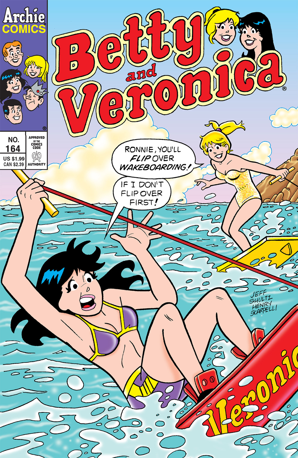 Betty and Veronica are wakeboarding at the beach, and Veronica struggles to stay on her board. Betty says she will flip for wakeboarding and Veronica says she might flip over first.