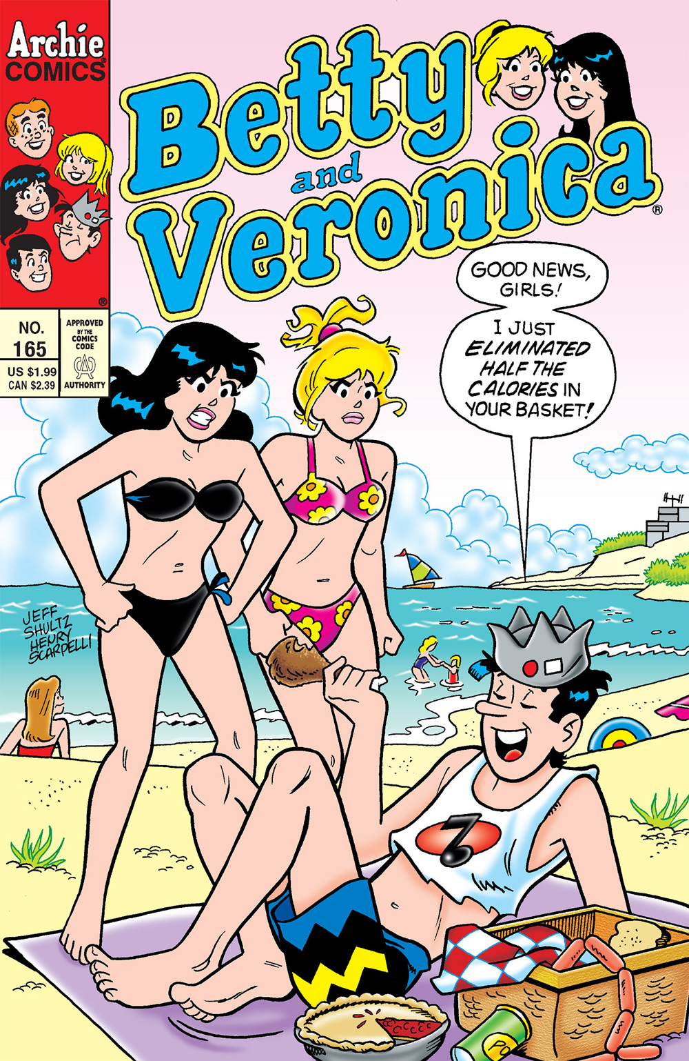 Jughead lays on the beach eating a chicken drumstick while Betty and Veronica look on angrily. He tells them he has good news: he just eliminated half the calories in their picnic basket.