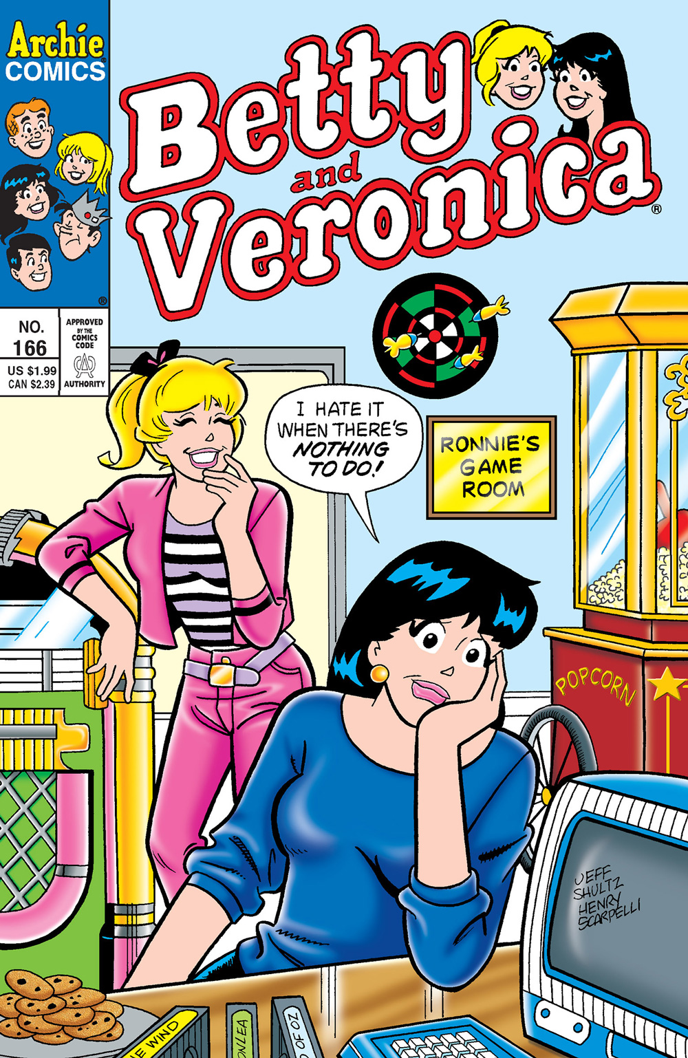 Veronica is sitting in her game room surrounded by fun things like a dart board, a jukebox, a computer, and a popcorn machine. She says she hates it when there's nothing to do, while Betty laughs in the background.