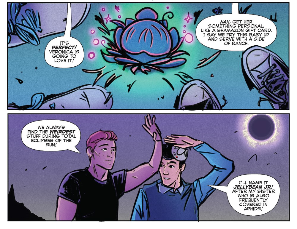 Panels from an Archie Comics story. Archie and Jughead find a mysterious glowing green/blue/pink plant and Archie says it's the perfect gift for Veronica. Jughead suggests frying it and eating it instead.