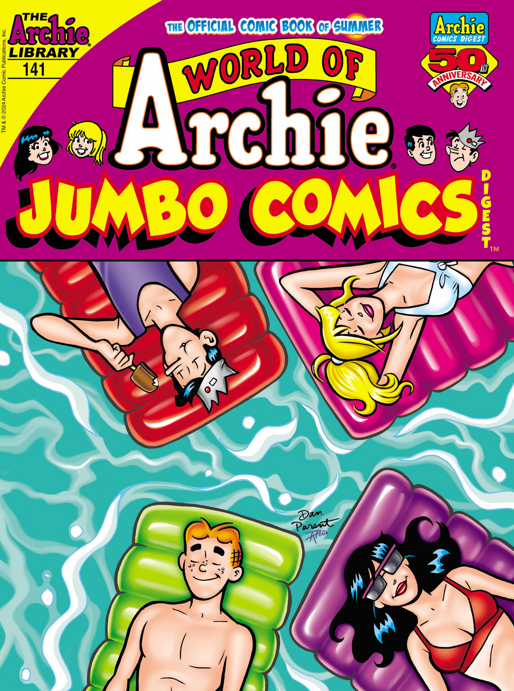 Jughead, Betty, Veronica, and Archie all lay on inflatable beds floating on a pool with their eyes closed, facing up at the reader. Jughead eats an ice cream bar.