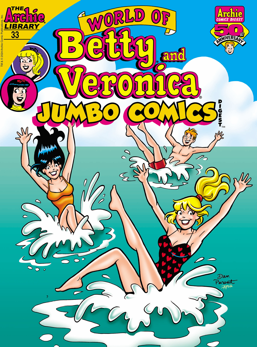 Betty, Veronica, and Archie, all wearing swimsuits, cannonball into the ocean, making splashes. They're all smiling at the reader.