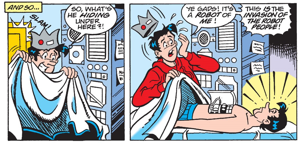 Panels from and Archie Comics story. Jughead discovers a robot double of himself in Dilton's laboratory.