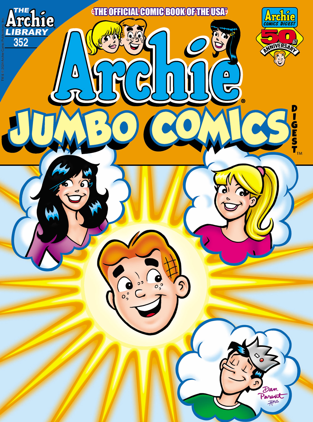 A floating head of Archie is in the center of the frame, surrounded by a burst of light. He's surrounded by images of Veronica, Betty, and Jughead floating in thought balloons.