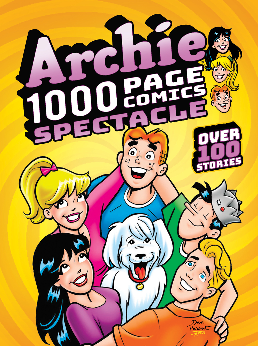 Veronica, Betty, Archie, Jughead, and Kevin Keller all stand in a circle around Jughead's dog Hot Dog, with their arms around each other. They're smiling and looking up at the book's title.
