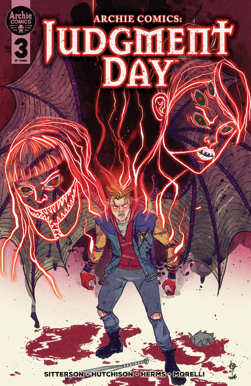 Archie, looking angry and menacing with glowing red eyes, vampire bat wings, magic bolts of light shooting off of his body, and blood on his hands, glowers at the viewer. Floating behind him are images made from the light bolts of two other unidentified characters with sharp teeth.