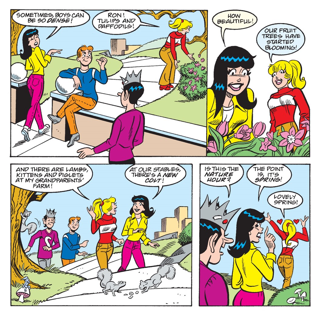 Panel from and Archie Comics story. Archie, Veronica, Betty, and Jughead are excited about Spring and point out all the signs, like tulips, daffodils, and trees starting to bloom.