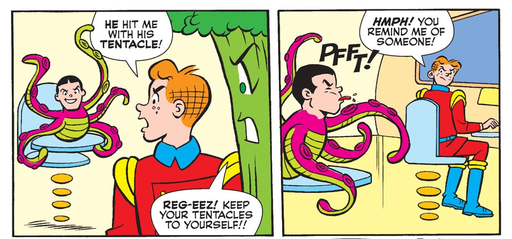 Panels from an Archie Comics story. Archie is in a space school wearing an old-school style sci-fi uniform with boots and epaulets. Reggie is now an alien tentacle creature. Archie complains to his teacher, who is a sentient head of broccoli, about Reggie hitting him with his tentacle.