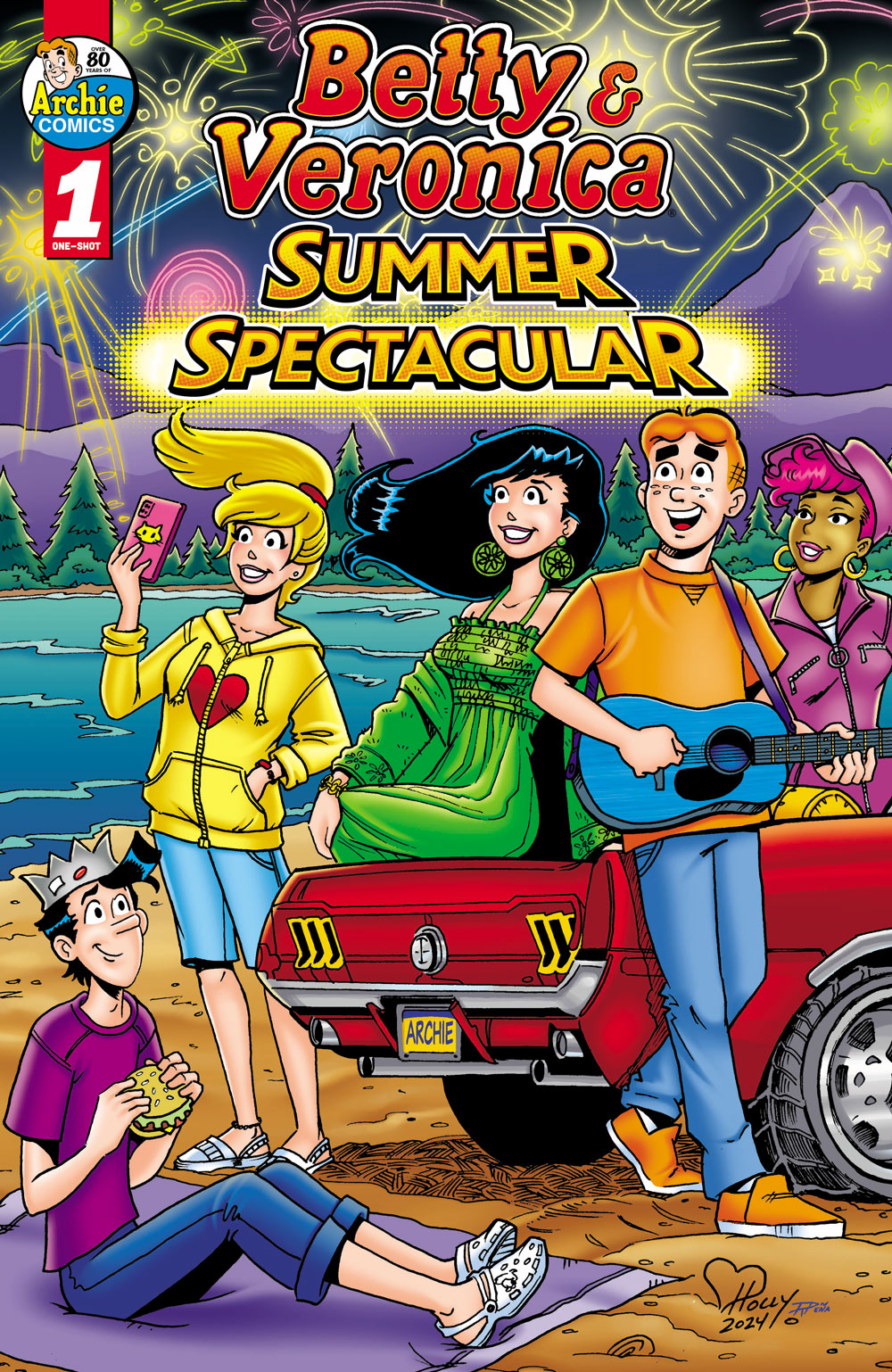 Jughead, Betty, Veronica, Archie, and Eliza Han watch fireworks by a lake, leaning on Archie's classic 1960s car. Jughead sits on the ground eating a hamburger. Betty takes a selfie. Archie plays the guitar.