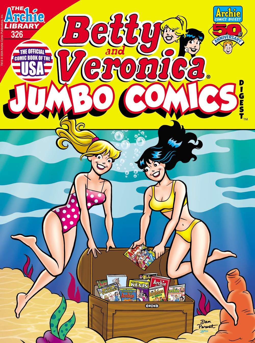 Betty and Veronica, in swimsuits, are floating underwater in the ocean, opening a sunken treasure chest. Inside the chest are a bunch of Archie comics, digests, and graphic novels.