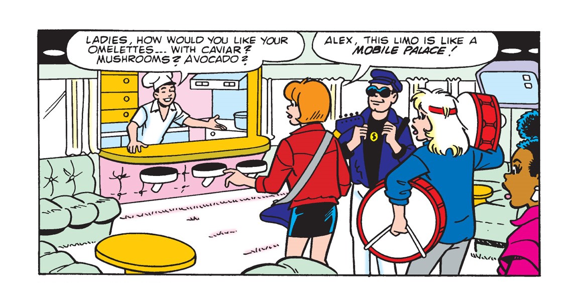 Panel from and Archie Comics story. Josie and the Pussycats are in Alex Cabot's limo, but it's big enough to hold a full kitchen, with a chef offering to cook them an omelette. 