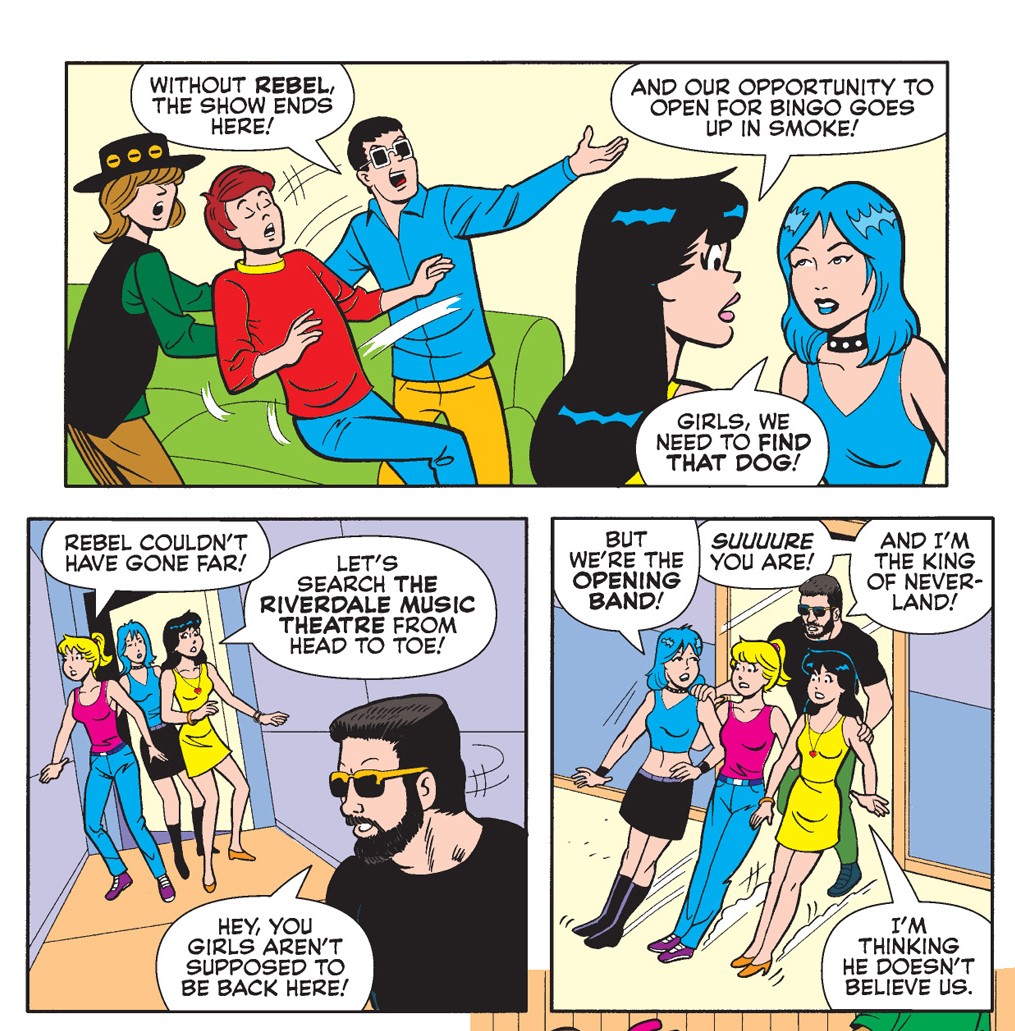 Panels from an Archie Comics story. Bingo Wilkin's dog Rebel is missing and his bandmates say without Rebel, their concert can't go on. Betty, Veronica, and Jola Kitt decide to go search for him backstage at the venue, where a security guard kicks them out. 