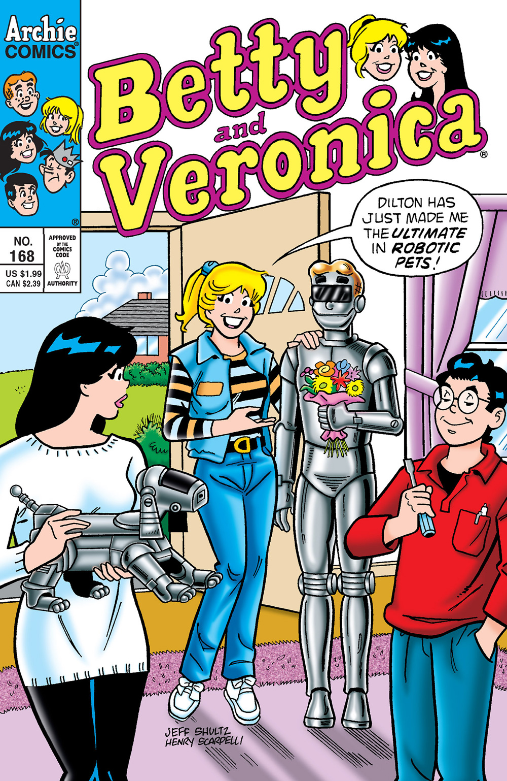 Betty stands next to a robot duplicate of Archie, holding a bouquet of flowers, and she tells Veronica that Dilton made her the ultimate robotic pet. Veronica scowls at her, holding a robot dog. Dilton stands off to the side with a proud smirk, having just given both of them there robots.