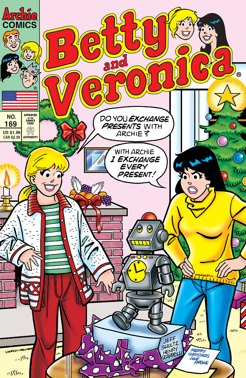 Betty and Veronica stand next to a Christmas tree, looking down at a toy robot. Betty asks Veronica if she exchanges gifts with Archie. Veronica says she exchanges every one of Archie's presents.