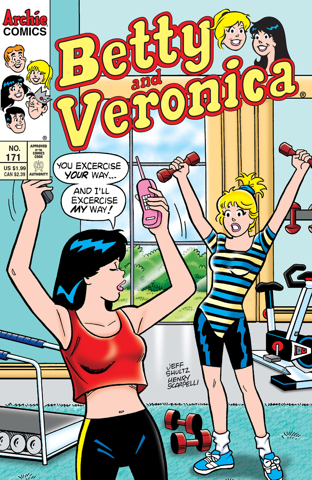 Betty and Veronica work out at the gym. Betty is lifting dumbbells and Veronica is lifting a cordless phone. She says she will exercise her own way.