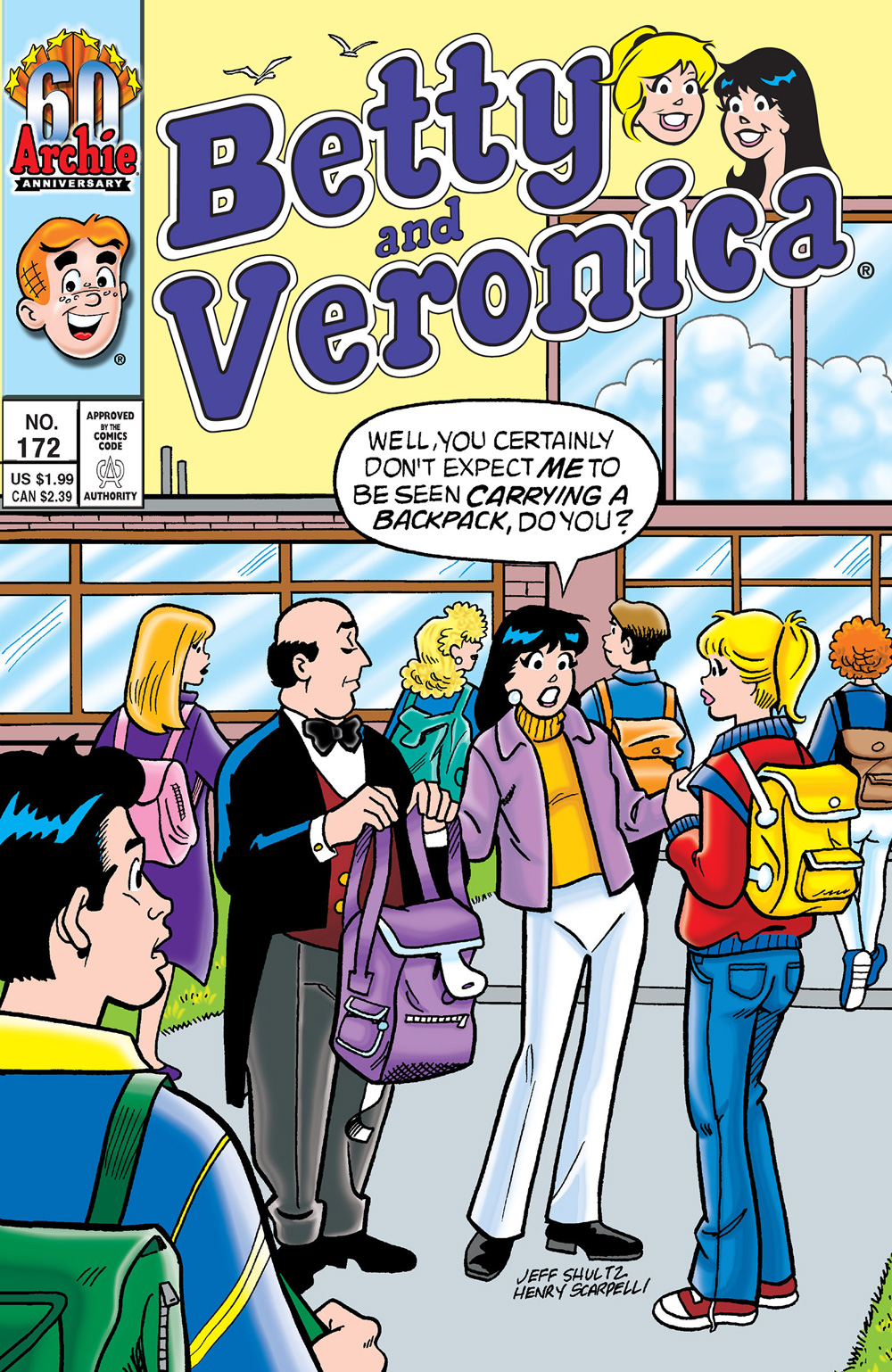 Betty and Veronica are outside of school, with a crowd of kids behind them going inside. Smithers is standing there holding Veronica's backpack. She says she can't be seen carrying her own backpack.