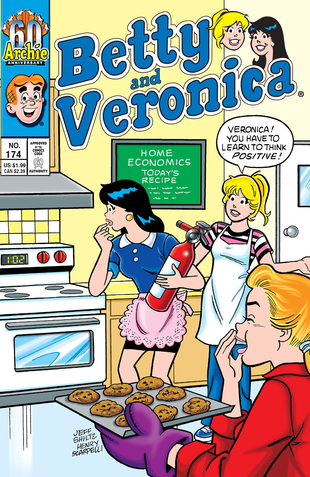 Betty and Veronica are in a home economics class, waiting for Veronica's cookies to come out of the oven. Veronica looks worried and holds a fire extinguisher. Betty says she has to learn to think positive.