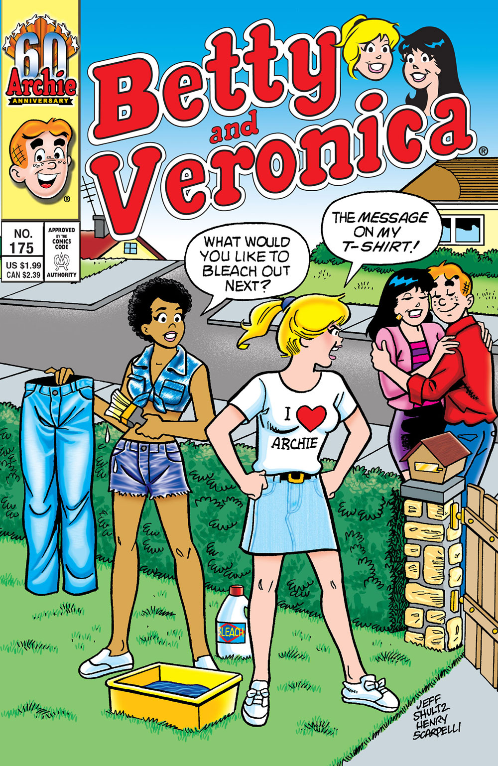 Archie and Veronica cuddle next to Betty's house. Betty and Nancy are bleaching their blue jeans in the yard. Nancy asks Betty what she wants to bleach out next and Betty says her t-shirt, which says I Love Archie on it.