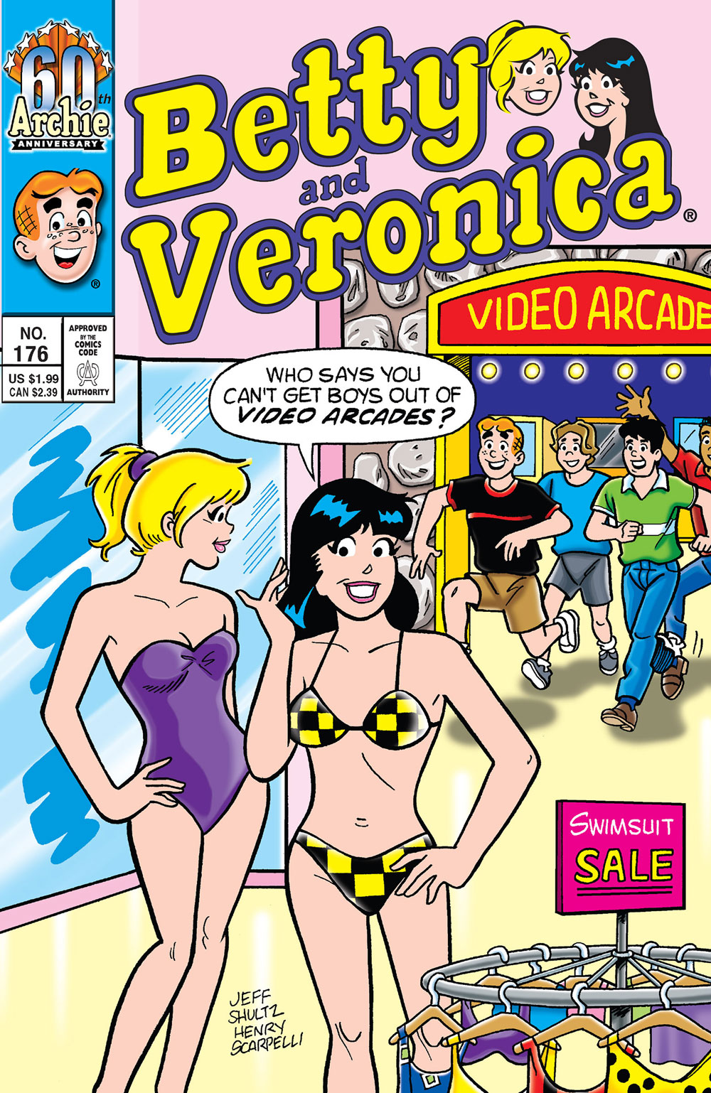 Betty and Veronica stand outside of an arcade in bathing suits, while Archie and other boys run outside towards them. Veronica says she knows a way to get boys out of video arcades.