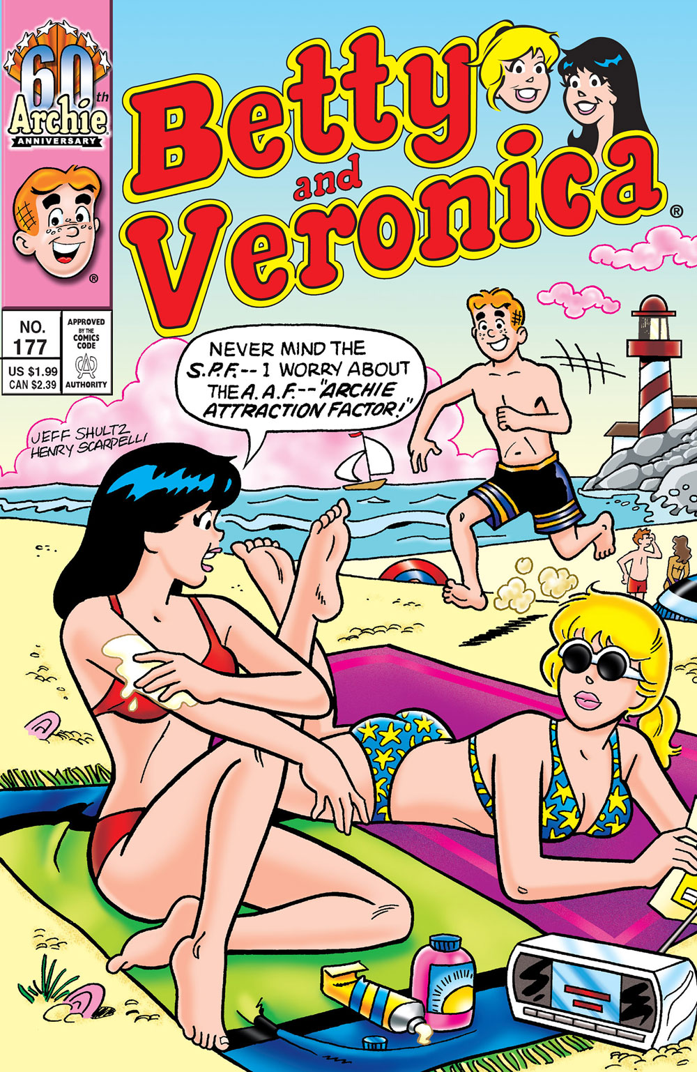 Betty and Veronica are laying on the beach while Veronica applies some sunscreen lotion. Archie runs over to her in the background. Veronica says forget SPF, she's worried about AAF, or the Archie Attraction Factor.