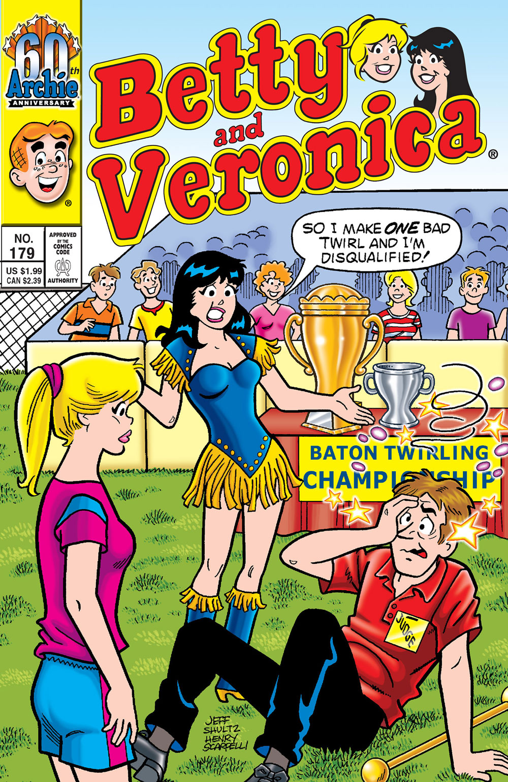 Veronica and Betty are trying out for a baton twirling championship at Riverdale High's football field. She has knocked out a judge, a white male with brown hair laying on the ground holding his face in pain, with stars swirling around his head. She says she made one bad twirl and now she's disqualified. 