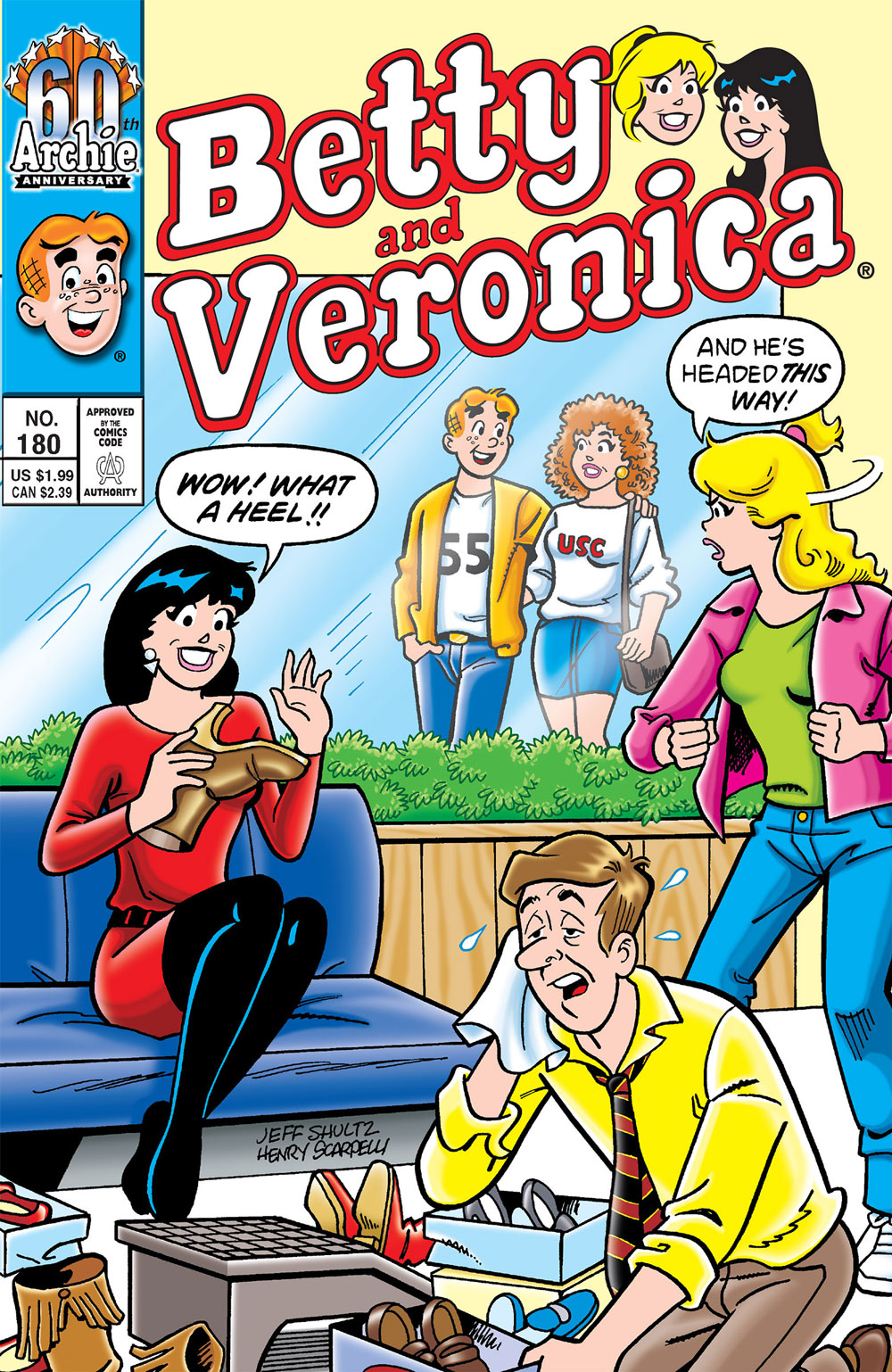 Betty and Veronica are trying on shows in a show store, with an exhausted show salesman kneeling on the floor in the foreground, wiping sweat from his brow. Veronica looks at a high heel show and says, Wow, what a heel! Betty, looking angry, sees Archie with another girl outside. She says Archie is the heel and he's headed this way.