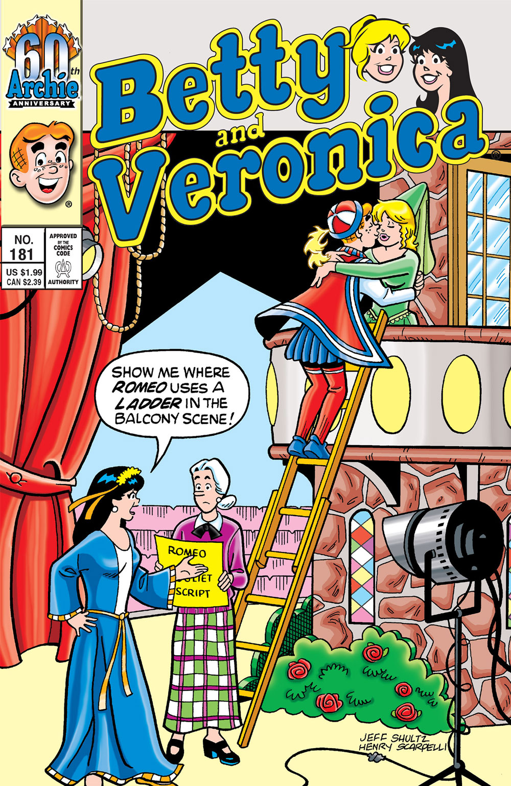 During a staging of the Shakespeare play Romeo and Juliet, Archie plays Romeo, and he has climbed up a ladder to kiss Betty, who is playing Juliet. Veronica is on the stage looking angry. She says to Mrs. Grundy, who is holding the script, that the script doesn't call for Romeo to use a ladder in the balcony scene.