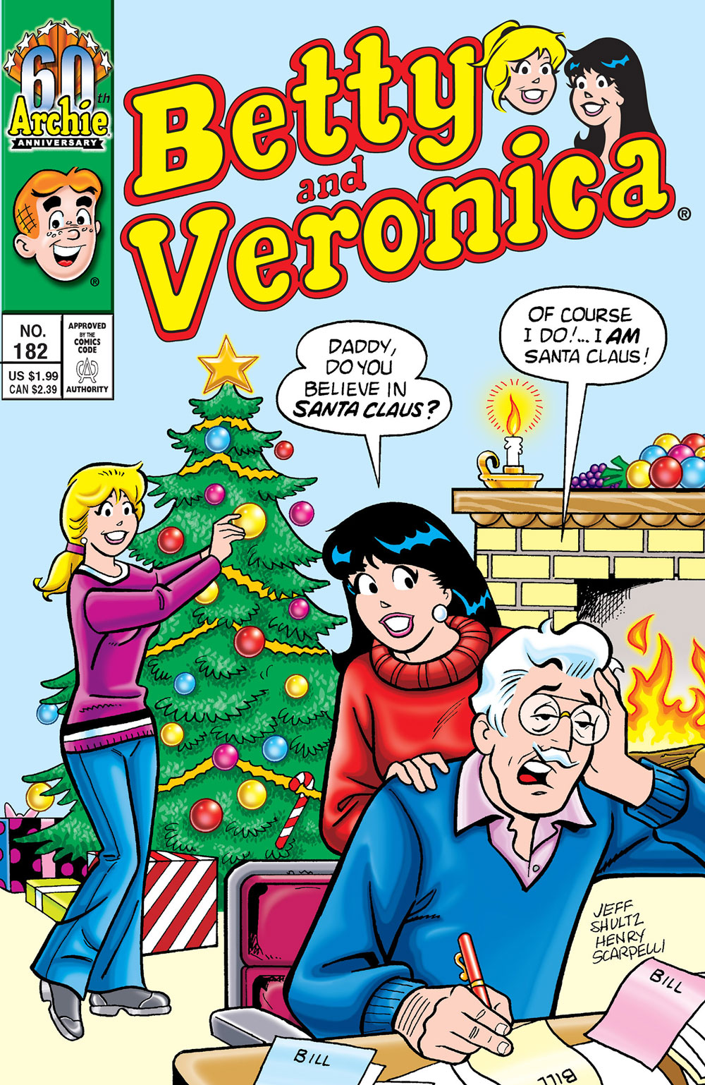 Betty and Veronica are decorating the Lodge family Christmas tree. Veronica asks Mr. Lodge if he believes in Santa Claus. Mr. Lodge is in the foreground paying bills, looking exhausted. He says of course, because he is Santa Claus.