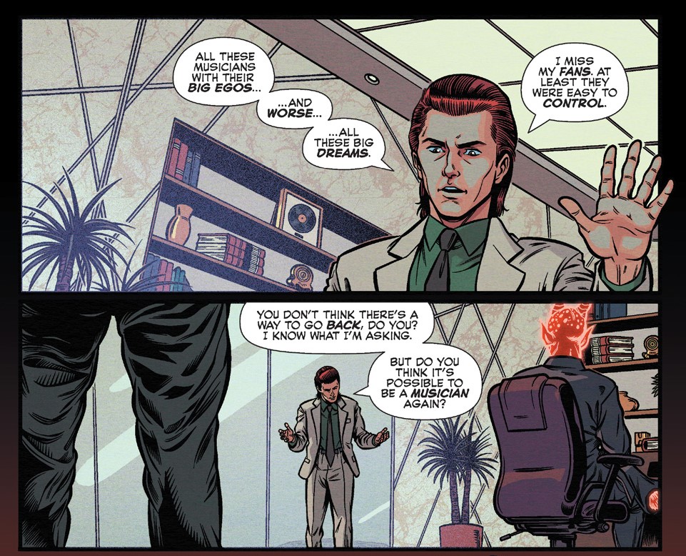 Panels from an Archie Comics story. Bingo Wilkin, a white male rock star in a business suit with slicked back hair, talks to his bosses off panel about how he doesn't like his job as a music manager. He asks them if there's a way for him to go back to being a musician, and the art reveals that one of his bosses is a demonic figure with horns, glowing red.