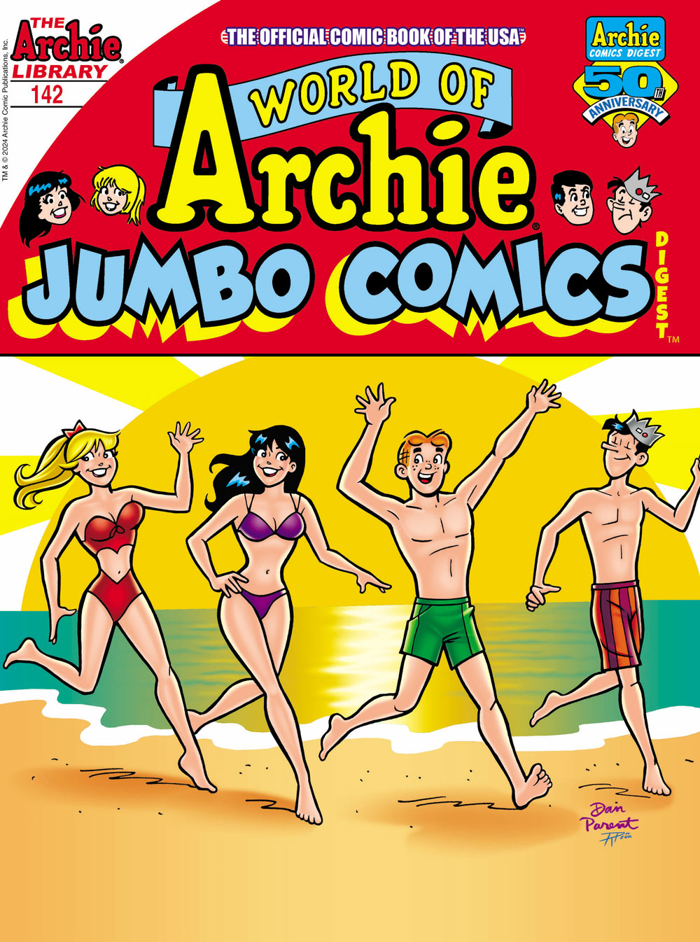 Betty, Veronica, Archie, and Jughead stride down a beach at sunset all wearing swimsuits. They're smiling and waving to the reader. The sun is huge and stylized behind them.