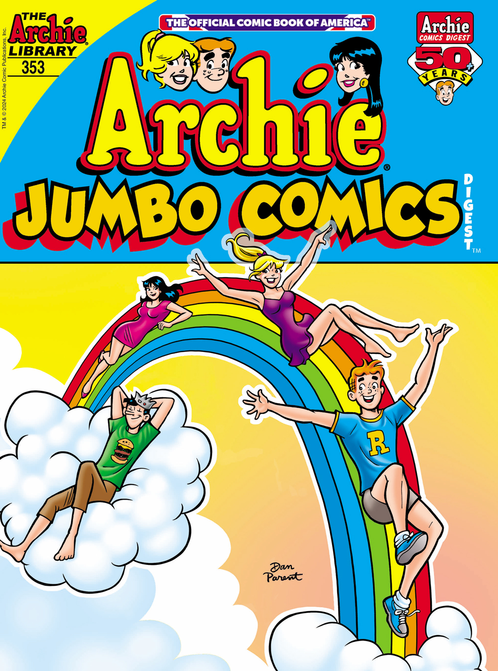 Archie, Betty, and Veronica slide down a rainbow. Jughead floats on a cloud next to them, reclining.