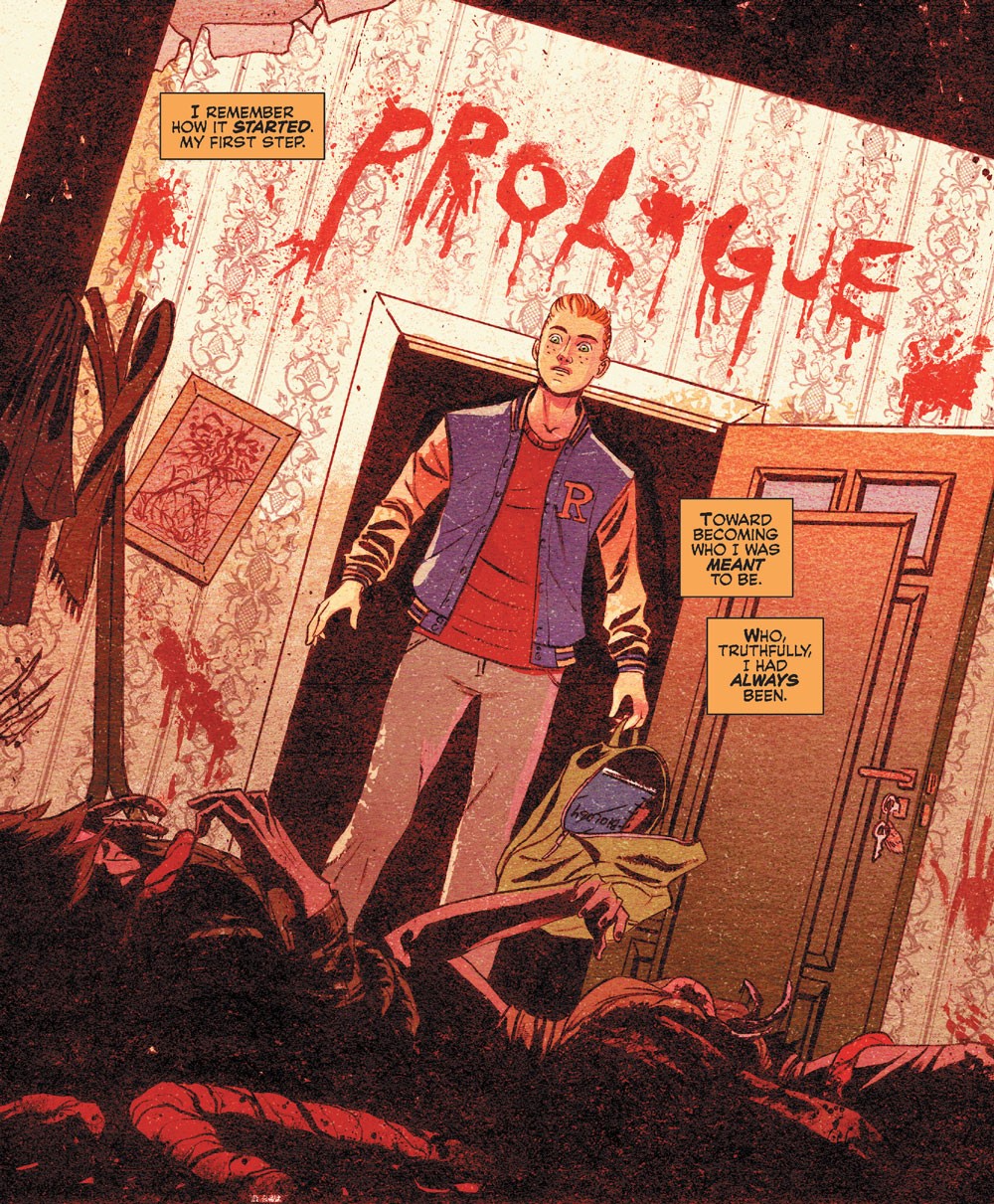 A panel from an Archie Comics story. Archie walks into a room with blood on the walls and obscured dead bodies in the foreground. His narrative text captions say he remembers how it all started, his first step towards becoming who he was meant to be.