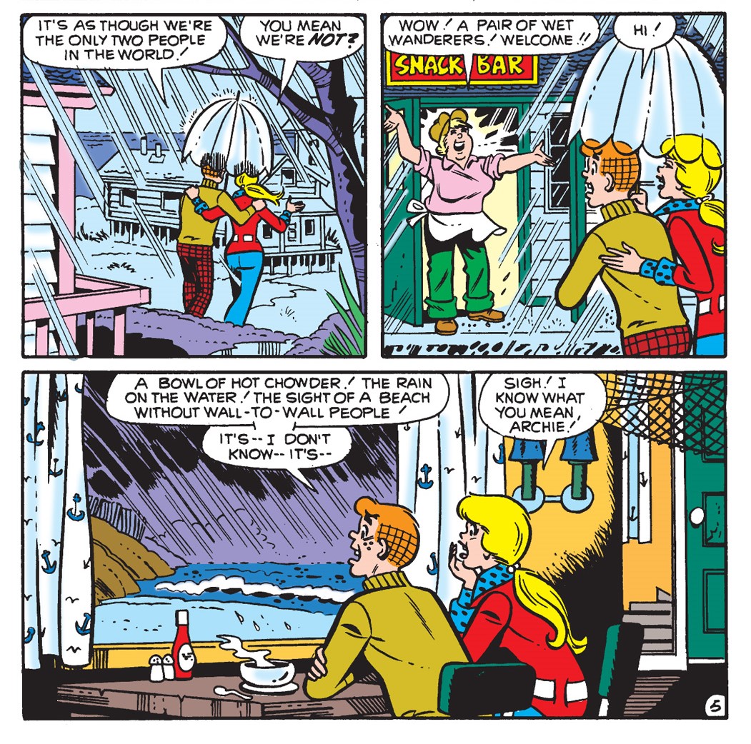 Panels from an Archie Comics story. Betty and Archie are on a date on a rainy night and they wind up at a seaside snack bar. They have a hot meal by the window and talk about how nice it is to have the place to themselves.