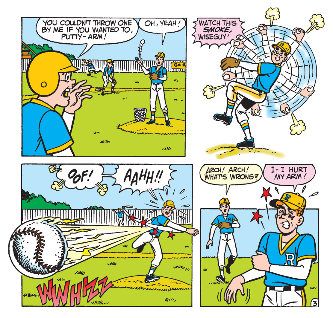 Panels from and Archie Comics story. Archie is pitching a baseball game and Reggie is batting. Reggie taunts Archie, saying he can't throw one by him. Archie throws a literally flaming fastball and hurts his arm doing so. 