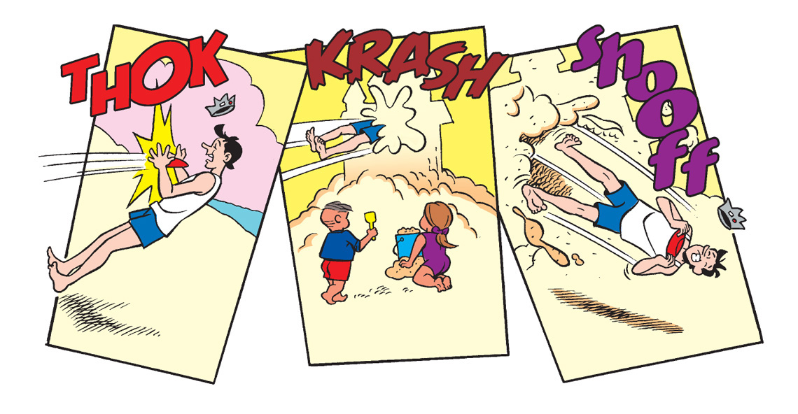 Panel from an Archie Comics story. Jughead catches a frisbee that was thrown too hard on the beach and it knocks him back into a sandcastle built by two little kids