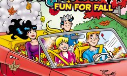 Archie, Betty, Veronica, and Jughead drive through a fall scene with the top down in Archie's convertible. Leaves fall all around them.