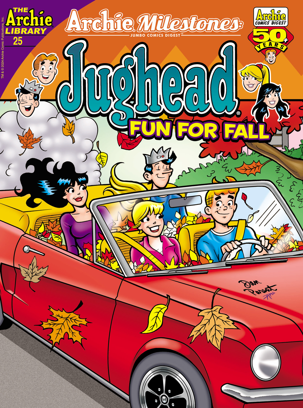 Archie, Betty, Veronica, and Jughead drive through a fall scene with the top down in Archie's convertible. Leaves fall all around them.