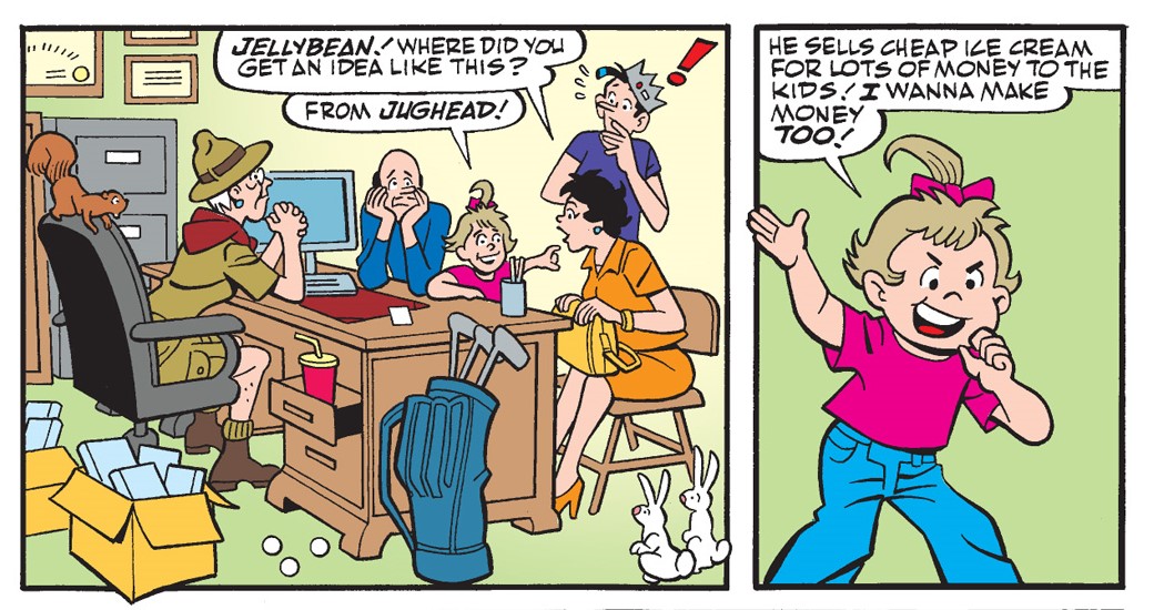 Panels from an Archie Comics story. Jellybean Jones is in trouble in the office of her summer camp. Her parents are there with worried looks on their faces and Jughead stands behind them looking surprised. Mom asks her where she got an idea like this, and she says Jughead sells cheap ice cream for lots of money and she wants to make money, too. 