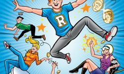 Archie and the rest of the Riverdale gang, including Jughead, Betty, Veronica, and others, float in front of a blue background after being toppled from a pedestal. Several coins flip in the background, and on two of them we can see the images of Betty and Veronica.
